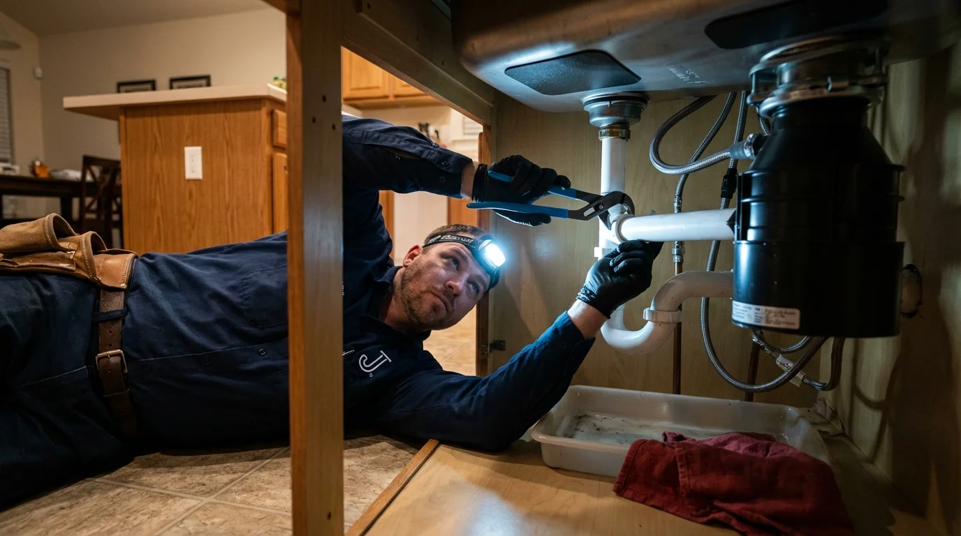 P-trap and supply line connections under a kitchen sink showing a common leak point in Monteagle, TN